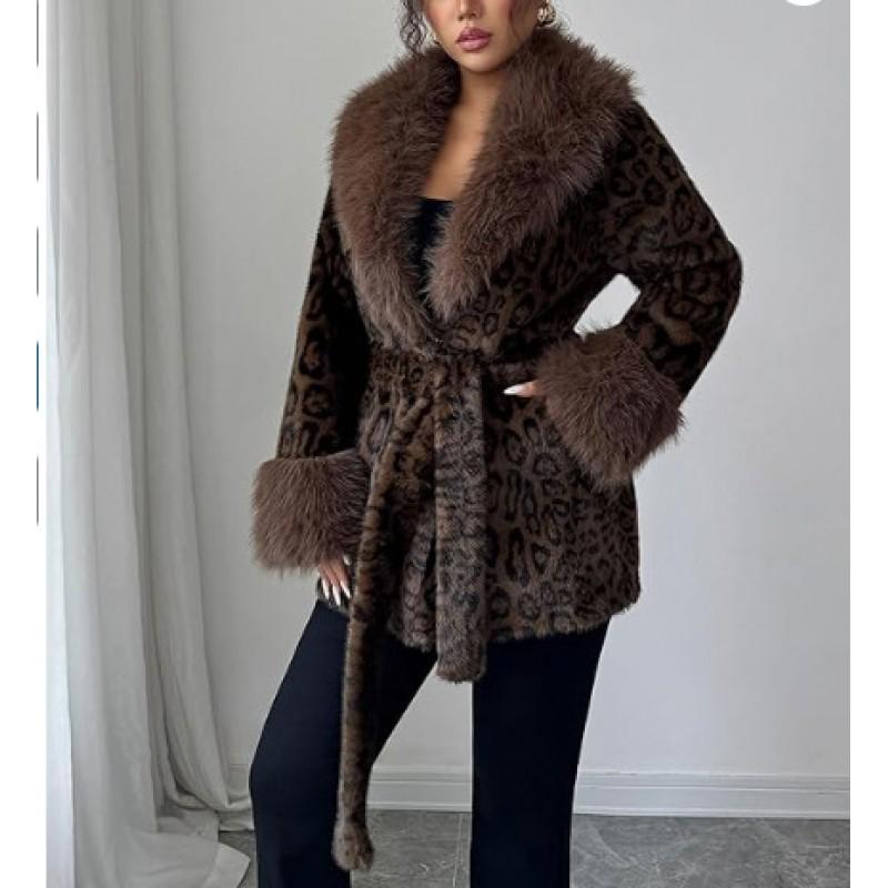 Cappotto Lungo in Finta Pelliccia di Vison con Stampa Leopardo e Collo Oversize in Pelliccia di Volpe Vestibilità Aderente Capospalla Invernale da Donna
