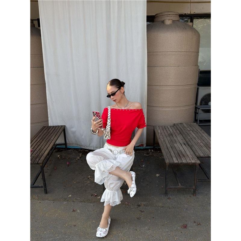 Romantic White Lace Trim Drawstring Wide-Leg Cropped Pants