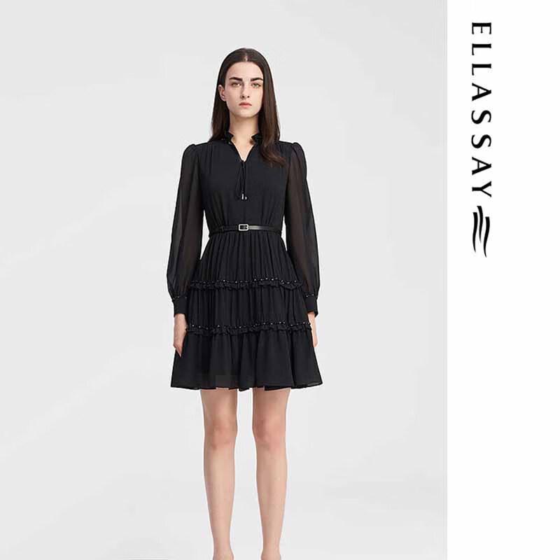 ELLASSAY Women's Autumn Chiffon Dress with Metal Chain