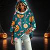 Women's 3/4 Sleeve Hooded Pullover Top with Halloween Print