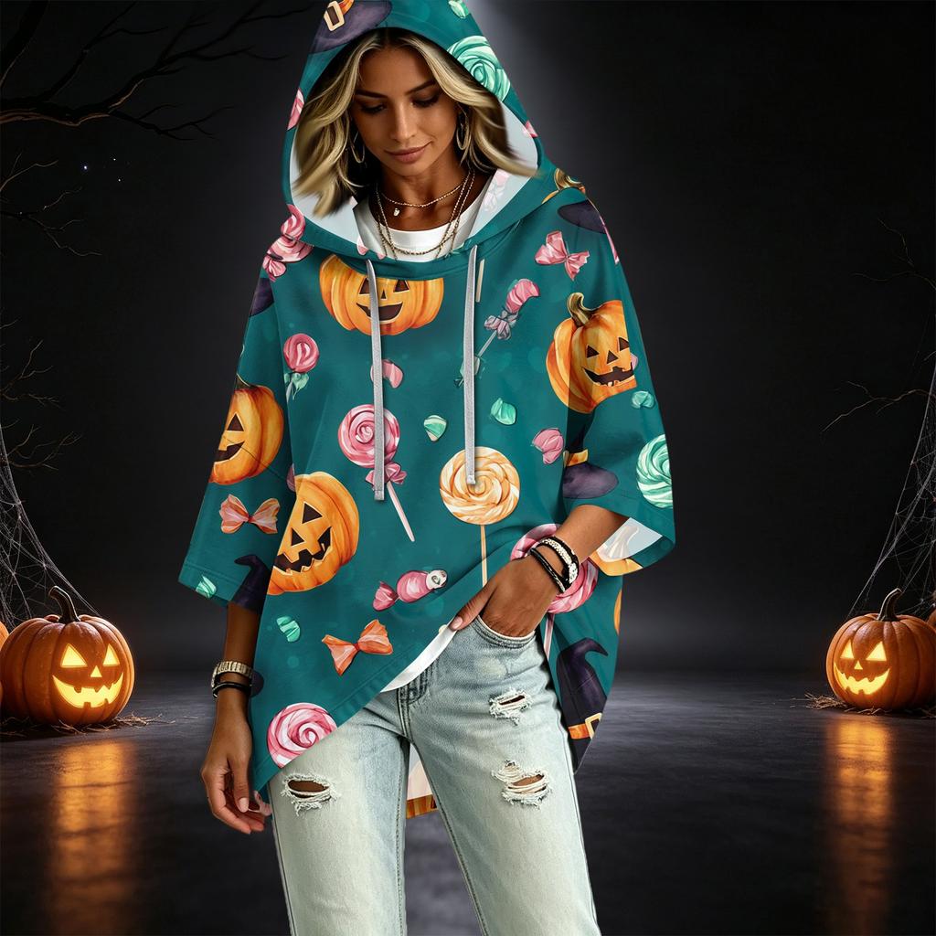 Women's 3/4 Sleeve Hooded Pullover Top with Halloween Print
