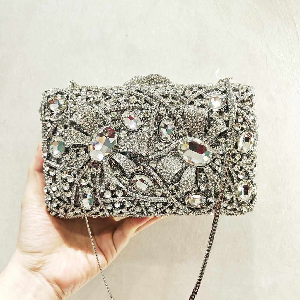 Silver/Gold Bow Evening Clutch Purse Bag For Wedding Bridal Bags Fashion Women Rhinestone Clutches Lady Crystal Prom Party Bags