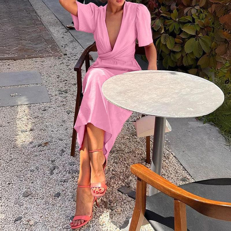 Spring New Women's Sexy Solid Color Temperament Long Skirt Deep V Cross Strapping Dress for Women