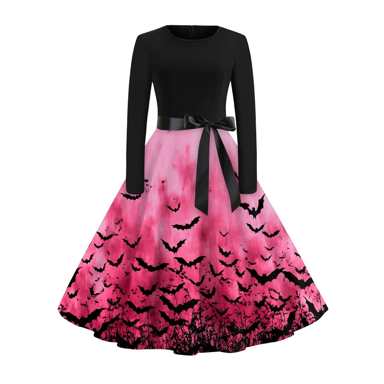 

Women s Fashion Casual Round Neck Halloween Print Long Sleeve Dress S розовый