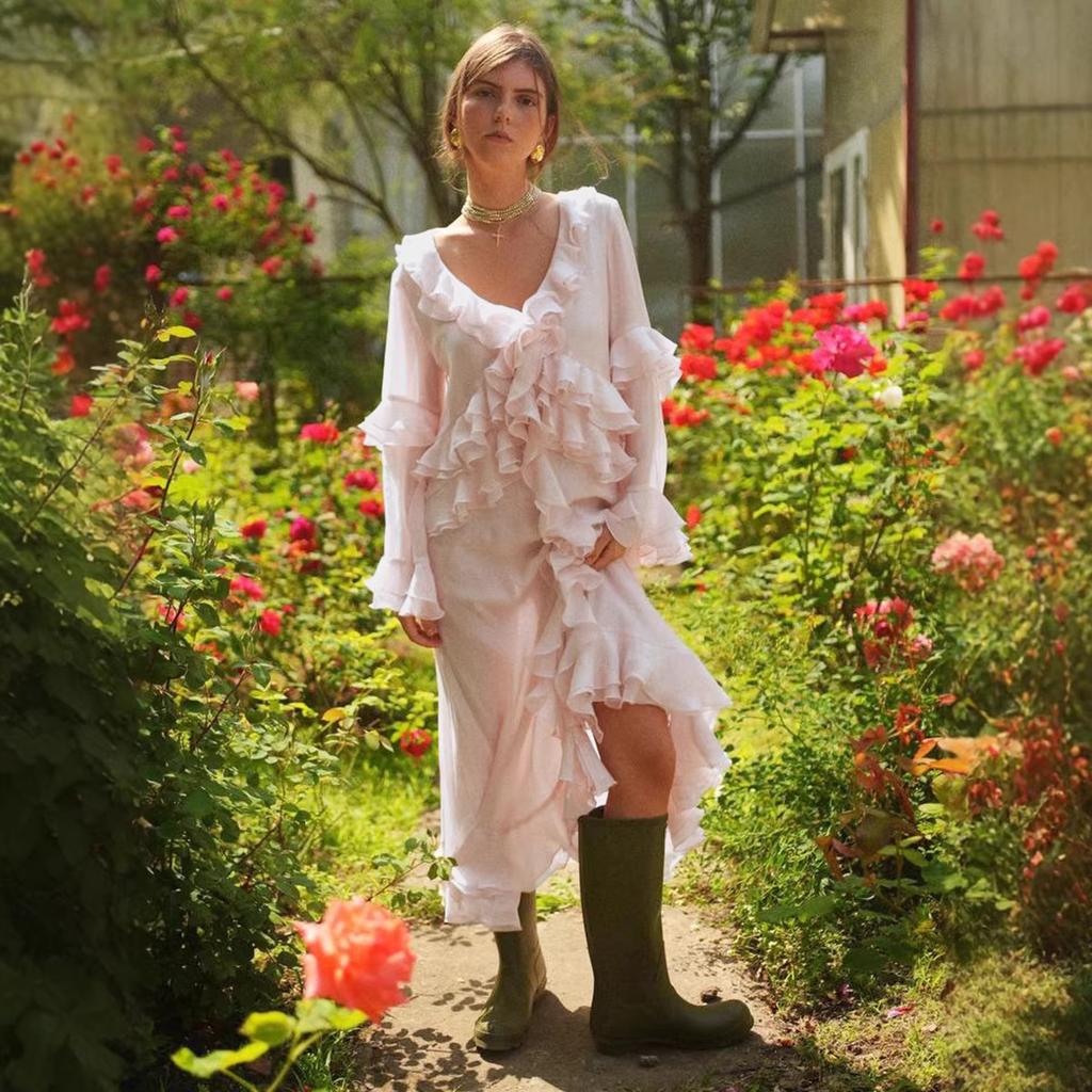 Long Dress European and American Summer New Design Irregular V-neck Ruffle Edge Split Dress