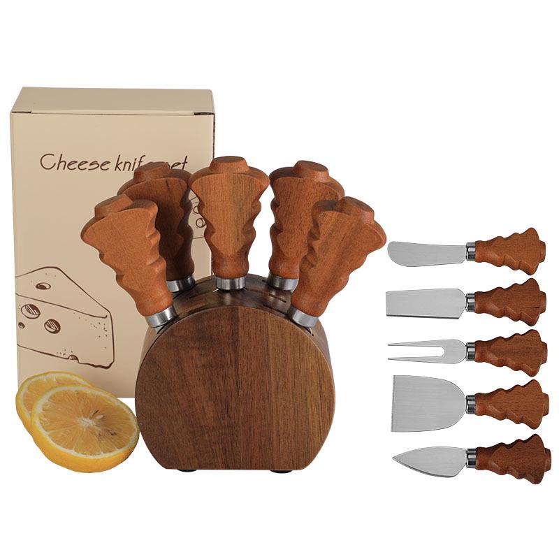Acacia Wood Christmas Tree Cheese Knife & Fork Set with Wooden Base - 6-Piece Set