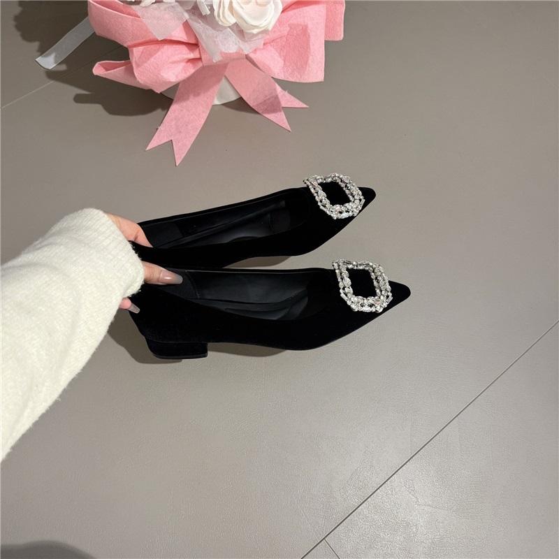 Rhinestone Buckle Luxury Block Heel Flats French Pointed Toe Women Banquet Slip On Loafers