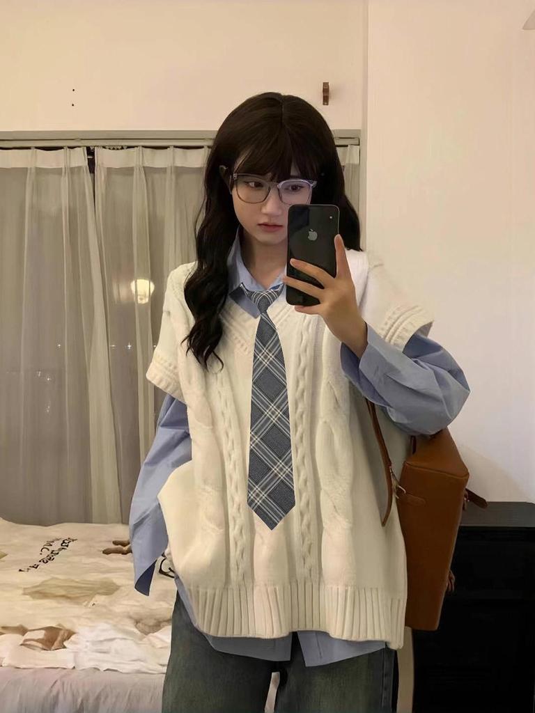 Women's Preppy Korean Knitted Vest & Shirt Set - Spring/Autumn JK Style