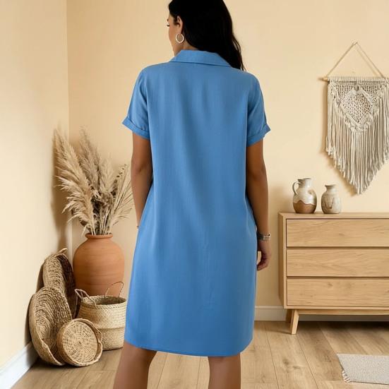 Mini Vestito Camicia Estivo a Maniche Corte da Donna Bottoni Revers Linea ad A Corto Vestito Casual da Spiaggia con Tasche