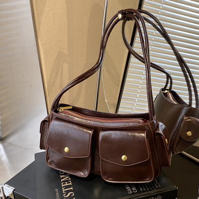 Niche High-End Sense Multi-Pocket Locomotive Bag Temperament Shoulder Armpit Bag Commuter Messenger Baguette Bag