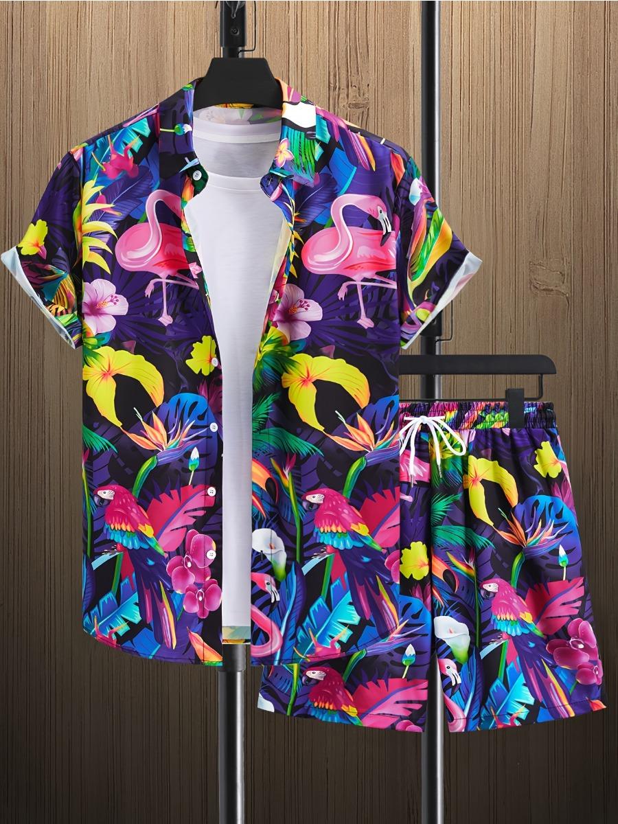 

Men S Vibrant Floral Print Short Sleeve Shirt & Shorts Set - Casual Summer Beachwear with Pink Flamingos Polyester Fabric S