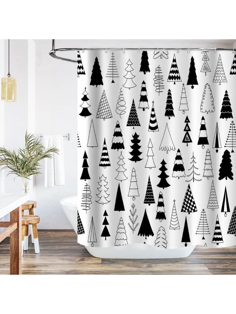 

Merry Christmas Black And White Tree Shower Curtain Xmas Pine Pattern New Year Holiday Bathroom Curtains, Winter Trees Bath W60H190(CM)-1 Pcs