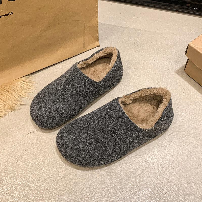 

2025 зима новые хлопковые туфли на плоской подошве женские туфли войлок шерсть вельвет теплые простые универсальные ленивые туфли закрывают ноги модные 40 черный серый