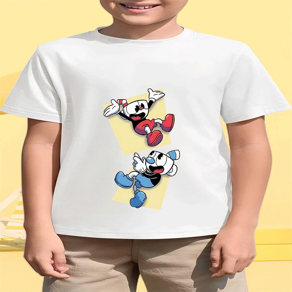 2026 Hot Sale Boys Girls Kids Cuphead Cotton T-Shirt Summer Fashion Cartoon Print 2-14Y