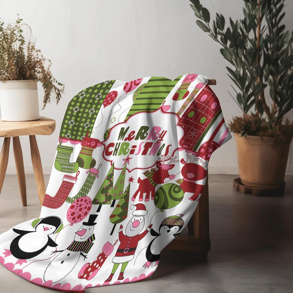 Festive Christmas Throw Blanket Cozy Reindeer Snowman Holiday Flannel Blanket Soft Warm Decorative Gift Home Decor 75x90cm