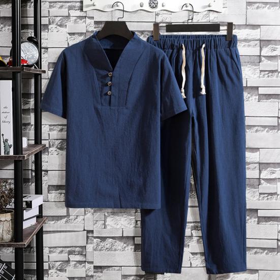 T-shirt Trousers Suit Trendy Pockets Buttons Men Summer Tracksuit Pure Color Shirt Pants Set Men Shirt Pants Set Men Clothes