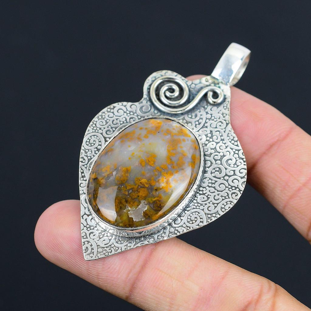Daughters Day Deal Sterling Silver Natural Plume Agate Ethnic Pendant Jewelry