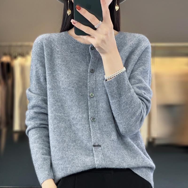 Women's Loose Cashmere Wool Cardigan – Autumn/Winter Osmanthus Stitch Knit Top