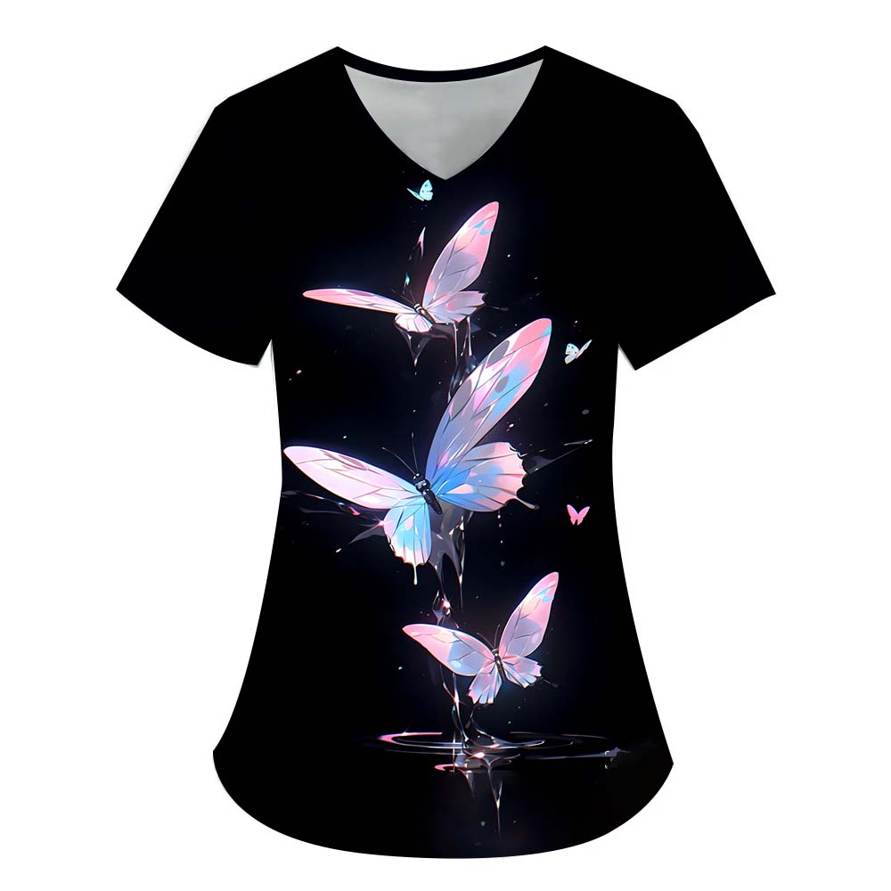 Chirurgický úbor dámský s potiskem 3D motýlů, výstřih do V, ošetřovatelská kapsa, veterinářské pracovní oblečení, lékařská ošetřovatelská uniforma pro ženy