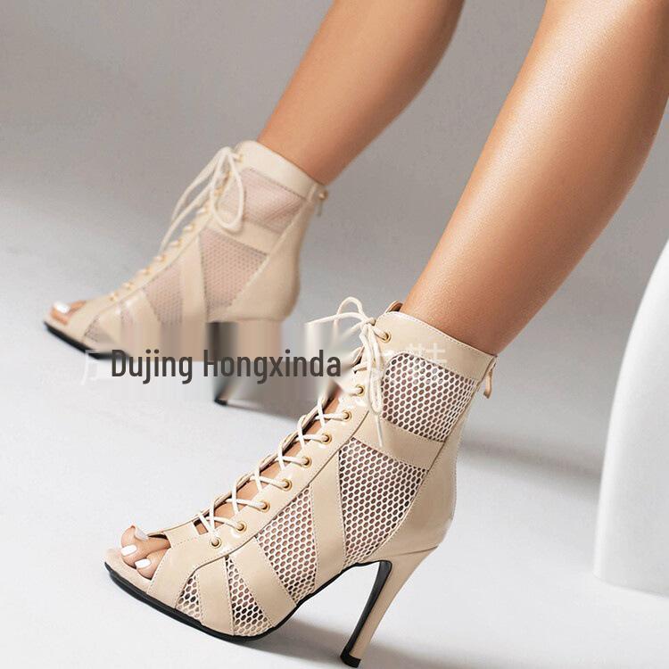 Dames Kant-up Mesh Hoge Hak Jazz Laarzen - Hol Ontwerp en Peep-Toe Dansschoenen, Ook Verkrijgbaar in Grote Maten.