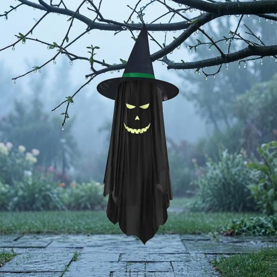 Halloween Hängende Geister Außen Dekoration, Leuchtet im Dunkeln Geist Hexenhut Ornament für Veranda, Terrasse, Rasen, Garten, Bäume, Spukhaus Dekor