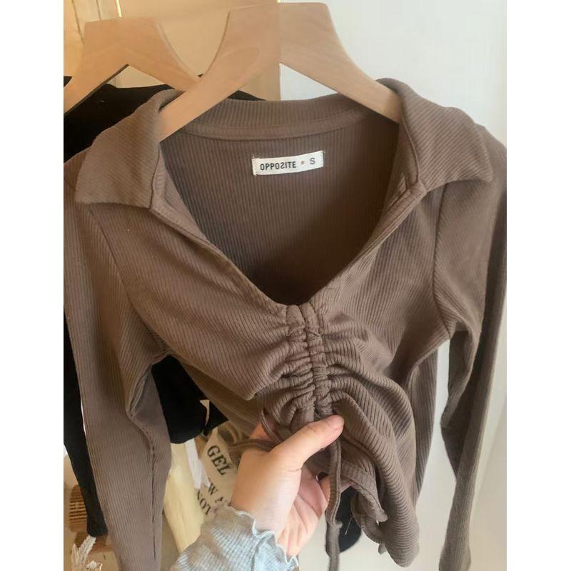 

@ Export Single Polo Large V Lapel Pleated Drawstring Fitted Short T-shirt Long Sleeves C225 Coffee Brown S