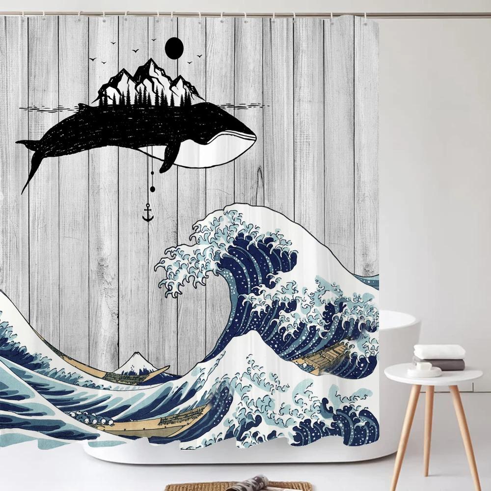 Lustige Hund Dinosaurier Duschvorhänge Cooler Katze reitet Dinosaurier Japanische Ozeanwelle Kinder Badezimmervorhang Raumdeko Mit Haken