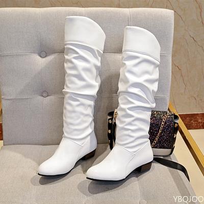 Fashionable Pleated Women's Shoes  Autumn/winter New Mid Heel Knight Solid Color High Top Leather Boots  De Mujer