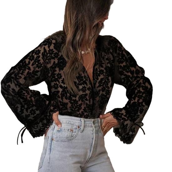 חולצת תחרה לנשים שרוולי פנסים חפתים מתרחבים חולצות עליונות כפתור יחיד פרחי תחרה חלולים עליונים לבגדי עבודה, דייטים, חופשה