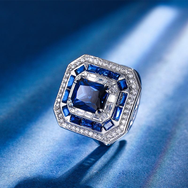 

Autumn And Winter Jewelry Copper Bottom Gold-Plated Simulation Red Corundum Blue Spinel Square Ring Female 8 * 10