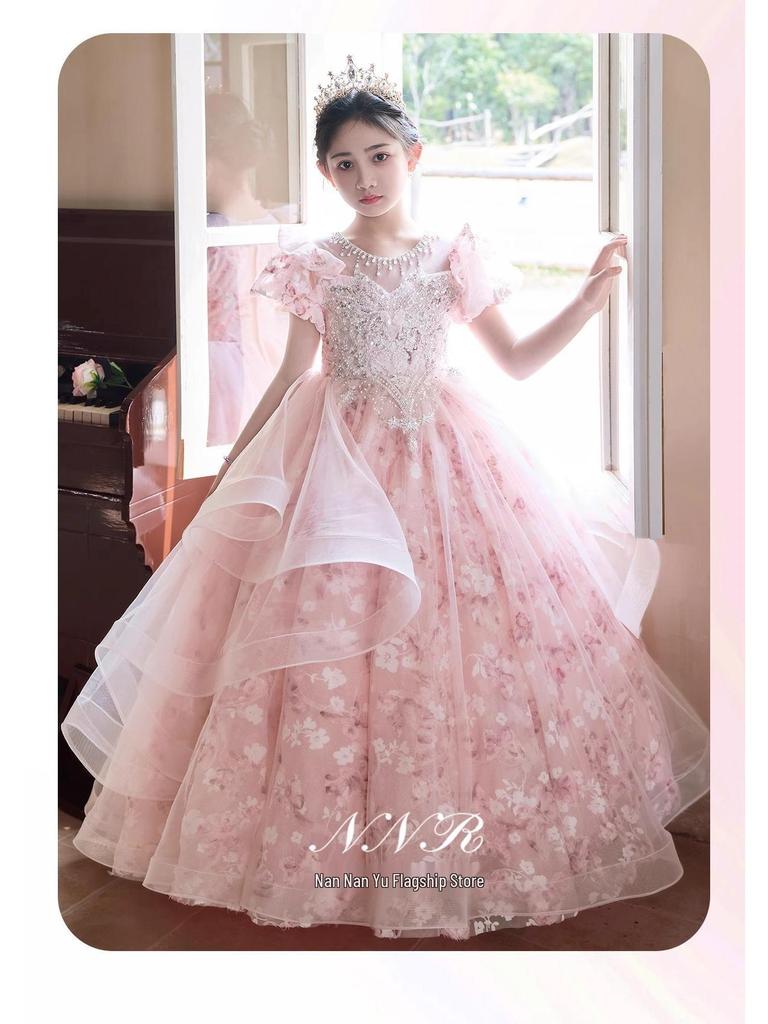 Pink Mori Style Luxury Tulle Princess Dress for Children's Birthday & Piano Performance
