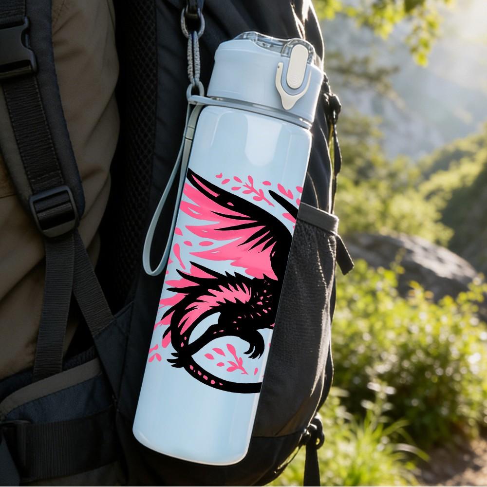 1PC Pink Black Dragon Art 750ml Color Plastic Sports Water Bottle Leakproof Flip Straw Lid Suitable for Sports Office Home Use