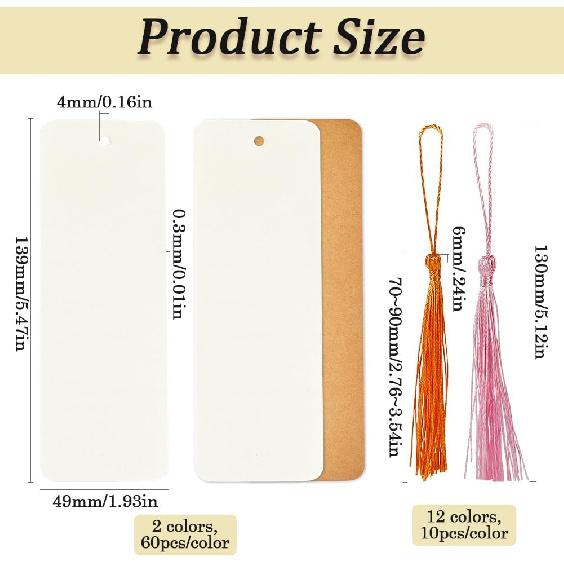 120Pcs 5.5 X 2In Kraft Paper Blank Bookmarks Cardstock Brown White Book Marks with 60Pcs Tassels Hanging Gift Tags Bookmark Making Kits for DIY Craft