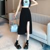 Womens Black Irregular Half Skirt With Slit In Polyester For Street Style Spring Summer