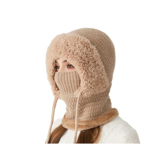 3 In 1 Knitted Hat Women Soft Plush Winter Scarf with Face Guard Adjustable Straps Windproof Hooded Design Scarf
