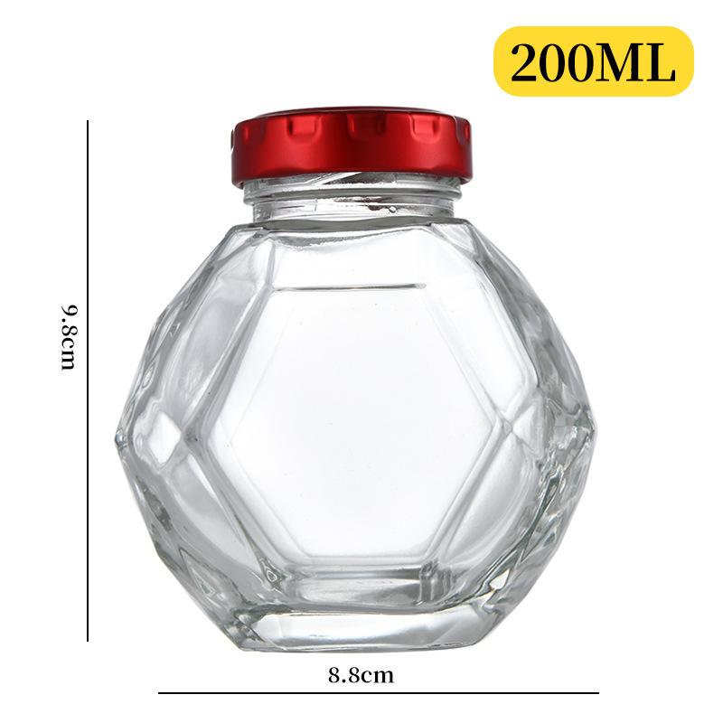 

Six-Sided Honey Jar with Wooden Lid - Stylish Glass Diamond Thread Design