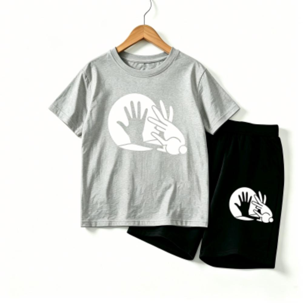 Rabbit Shadow Print Outdoor Street Kids T-shirt and Shorts Summer Home Casual Outfit Boy and Girl's Sports Set