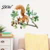Nature Themed Home Decor Watercolor Squirrel Wall Sticker, Cute Tree Branch Decal, Static Cling Glass Decorations Forest Animal Mural Art for