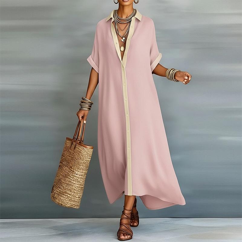 Women s spring new, European and American, fashionable and casual loose button solid color dress S