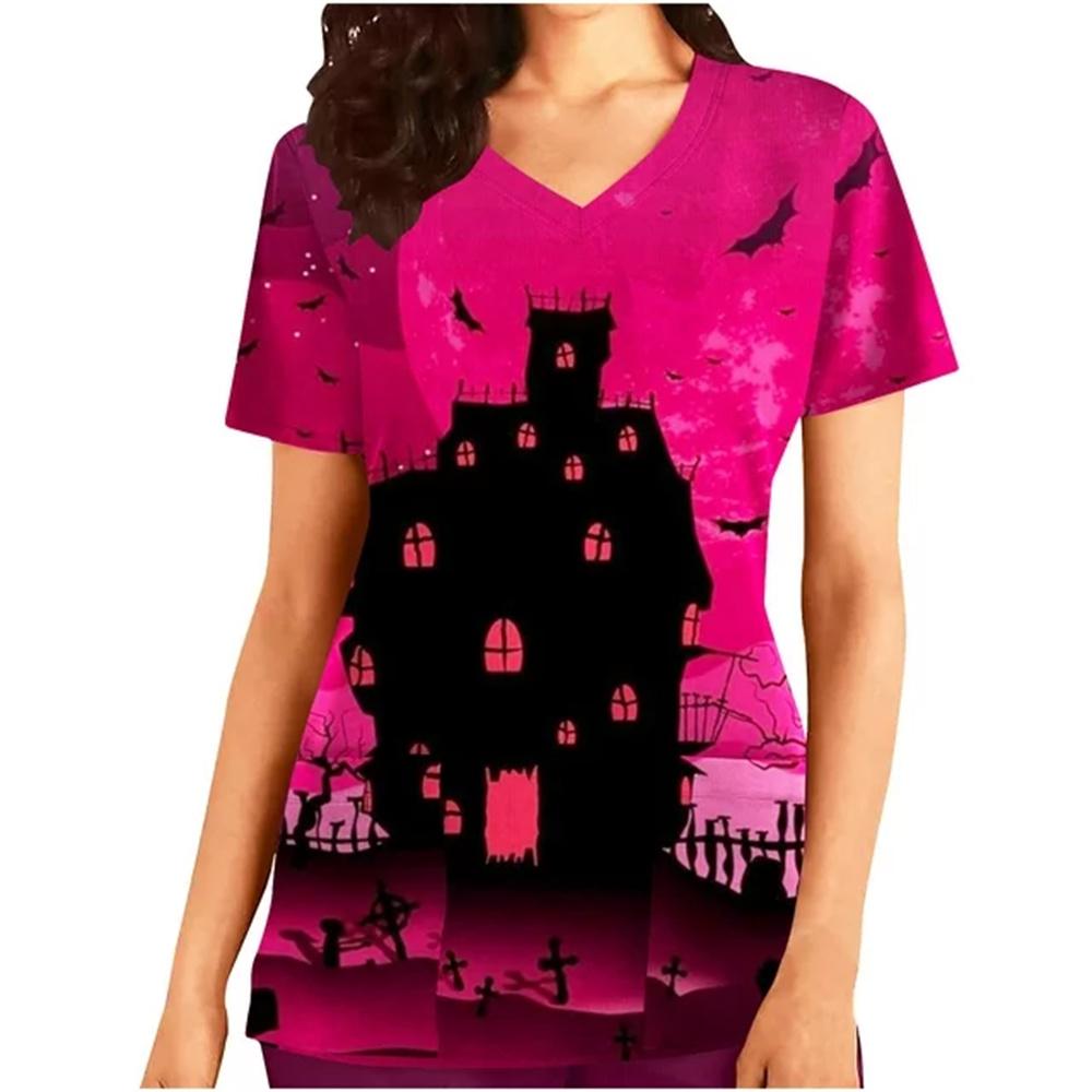 Surgical Uniforms Woman Halloween Prints Curable Nurse Tops Casual V-Neck Short Sleeve Patch Pocket Tees Nurse Uniform Woman
