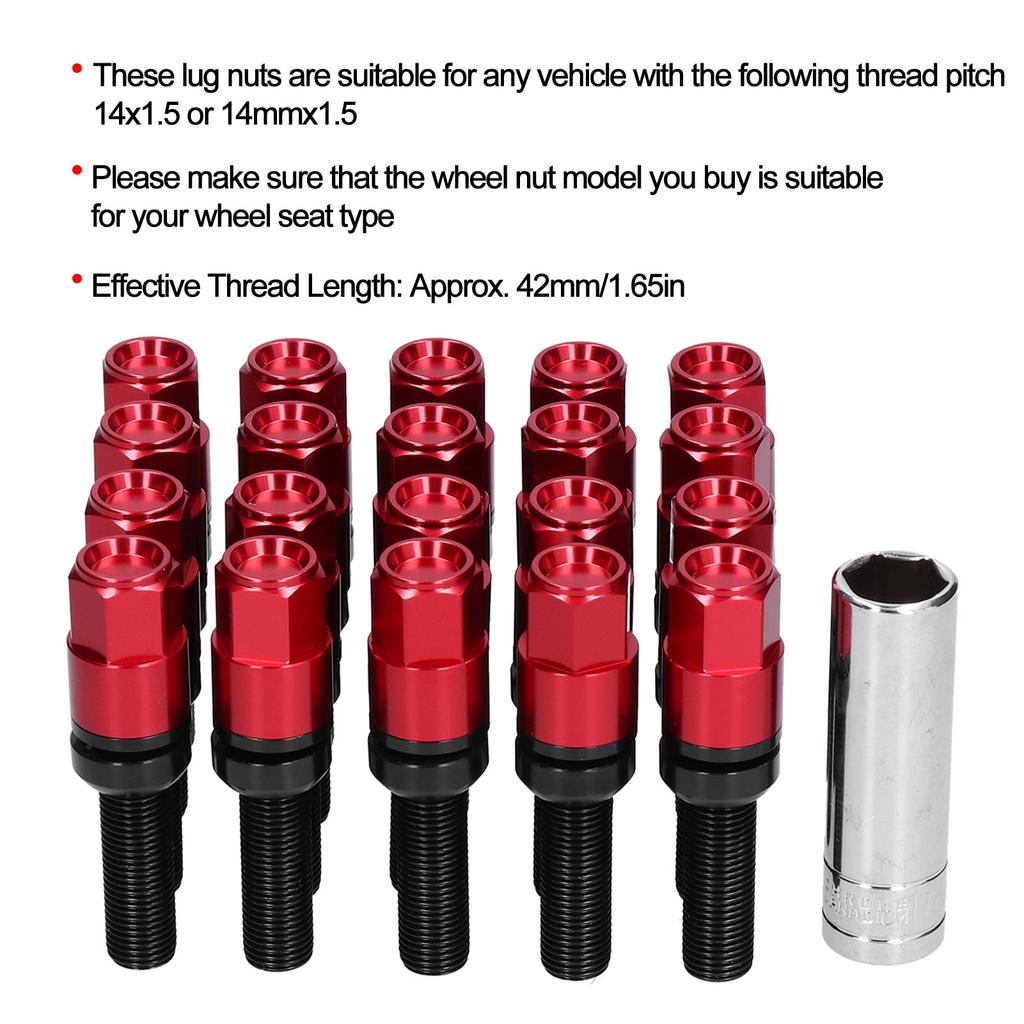 21pcs 42mm Extended Lug Bolt Kit with Sleeve M14x1.5 Ball Seat Universal Auto ModificationRed