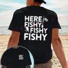 Fishing Themed Distressed - HERE FISHY Design Motorcycle T-Shirt Double-Sided Print Men Short Sleeve Summer Casual Tops