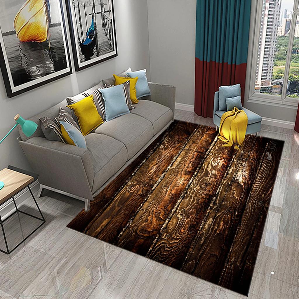 Rectangular Staggered 3d Planks Carpet Geometric Wood Grain Mats Entrance Non-Slip Floor Rug for Living Room Bedroom Home Decor