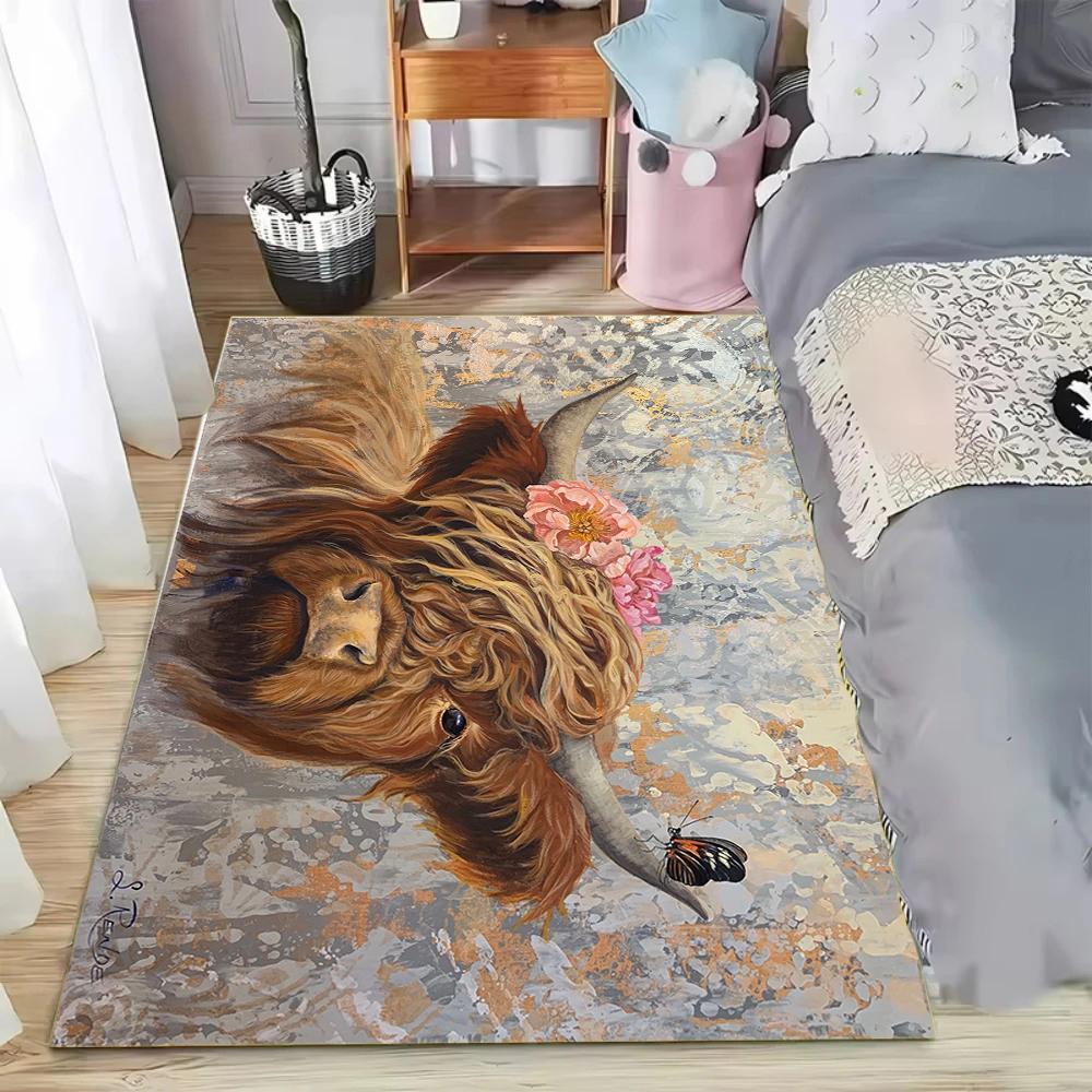Charming Artistic Scottish Highland Cow Theme Decor Rug for Living Room Bedroom Study Home Decor Comfortable Non Slip Durable