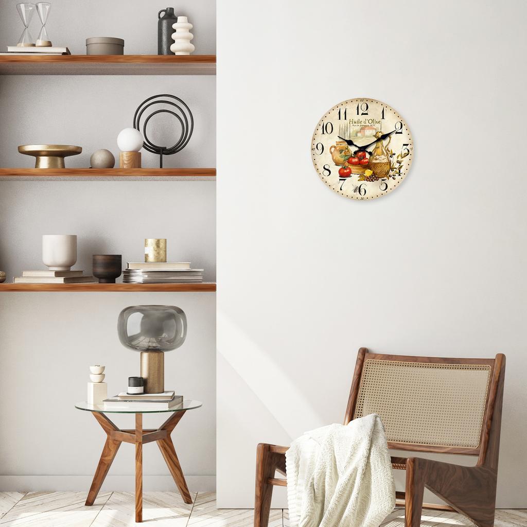 Orologio da Parete in Legno Vintage con Motivo di Olio d'Oliva e Pomodoro della Provenza Soggiorno Camera da Letto Cucina Decorazione per la Casa Orologio al Quarzo Silenzioso Regalo per le Feste