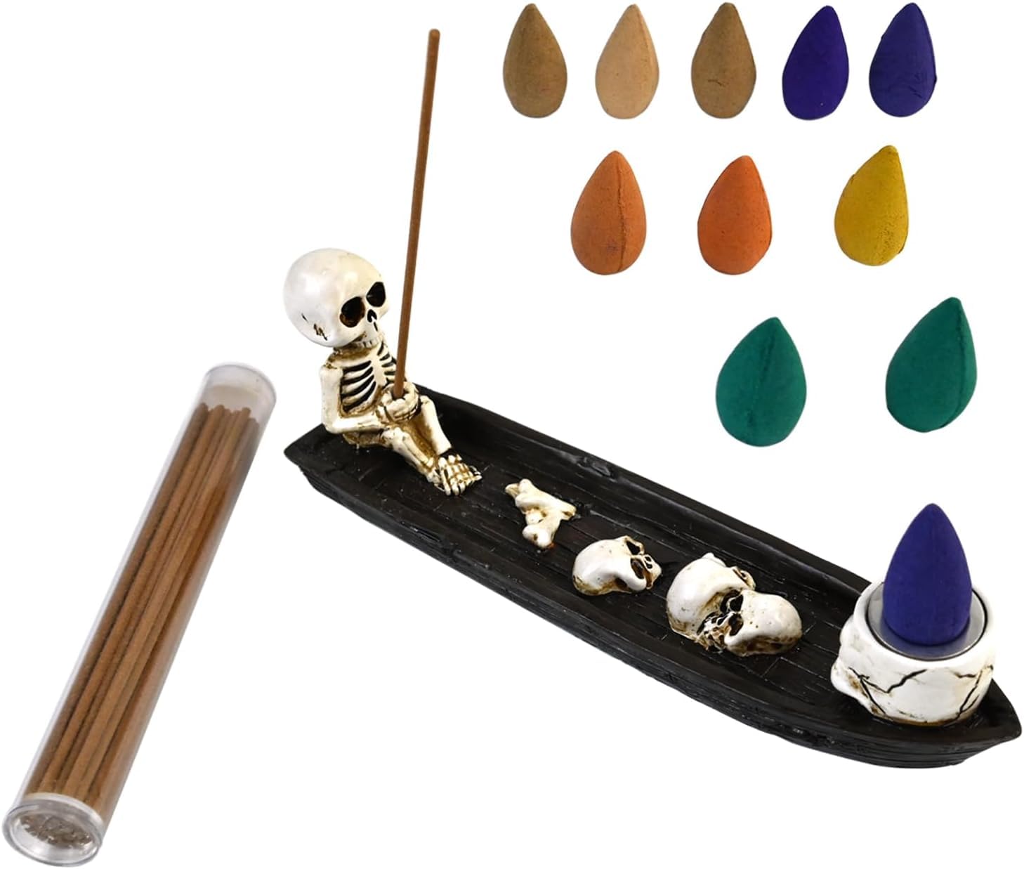 

Mode de la Casa Incense Set, Skeleton Ship, Incense Holder, Stand, Agarwood, Smoke, Interior, Cone and Stick, Skull Design
