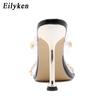 Clear PVC Transparent High Heel Slippers Summer Fashion Chain Design Slip On Square Toe Slides Women Mules Pumps