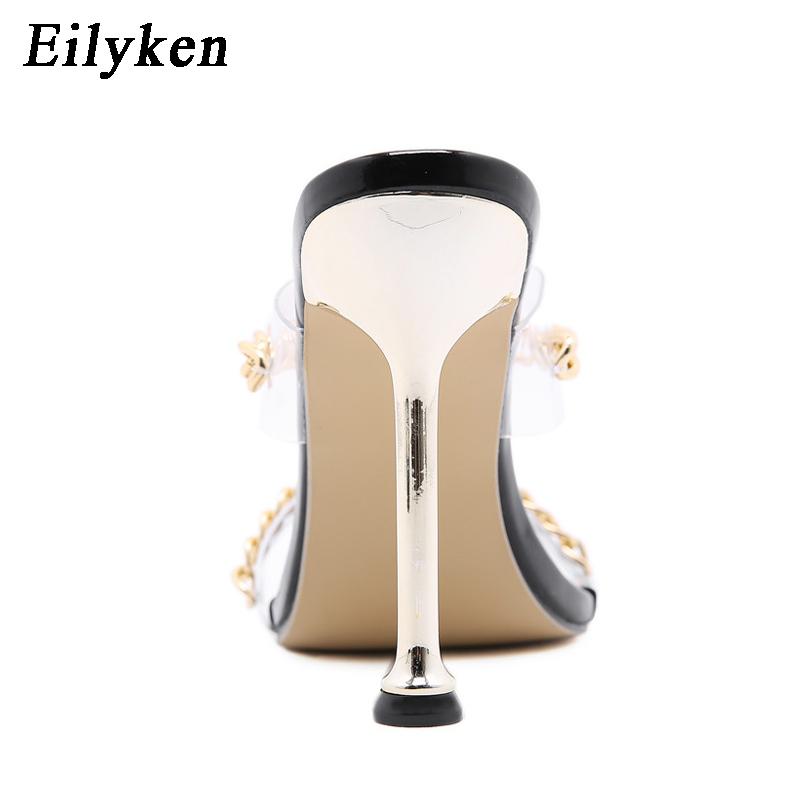 Clear PVC Transparent High Heel Slippers Summer Fashion Chain Design Slip On Square Toe Slides Women Mules Pumps