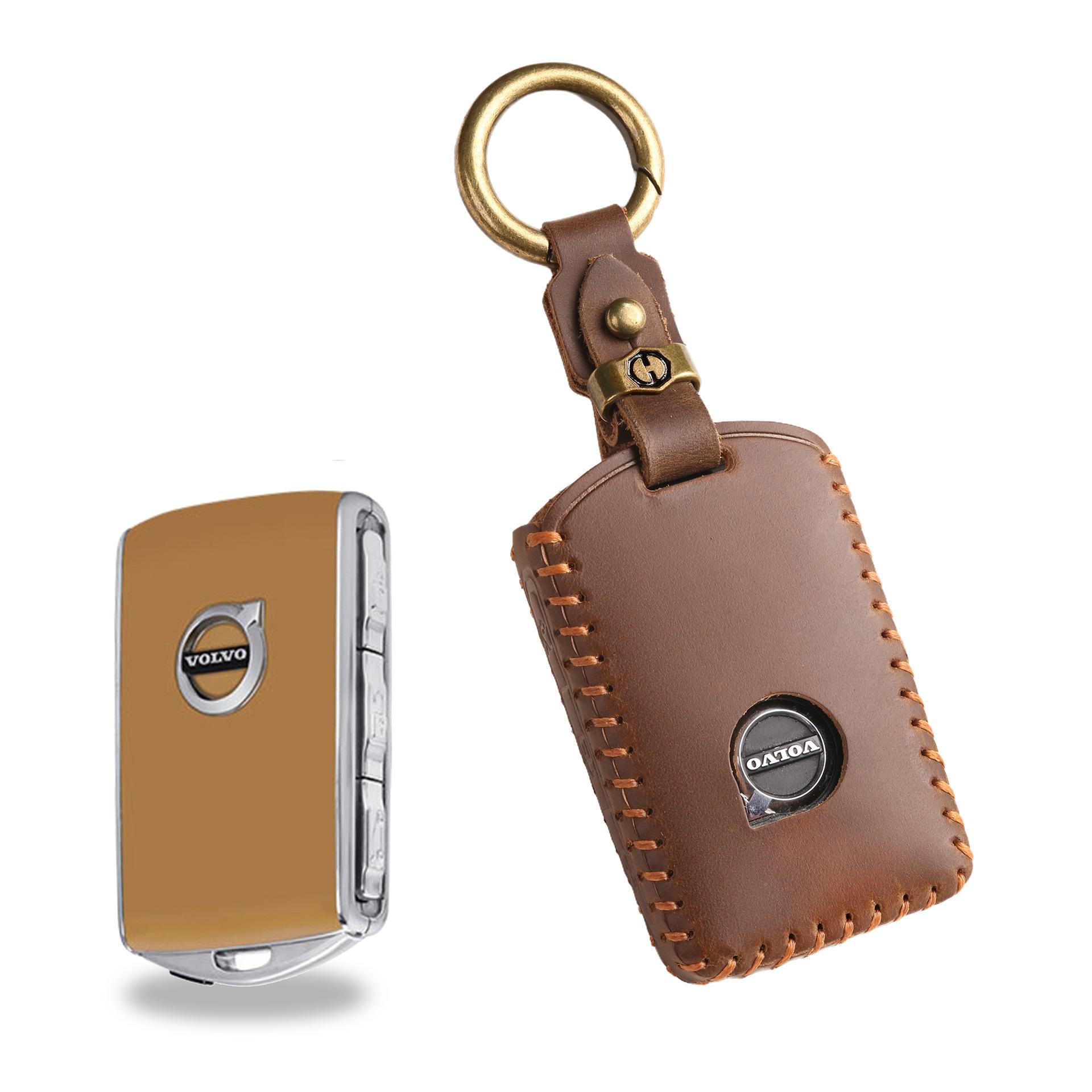 

Новый ретро чехол для ключей подходит для нового автомобиля Volvo с кольцом для ключей из натуральной коровьей кожи ручной прошивки. коричневый