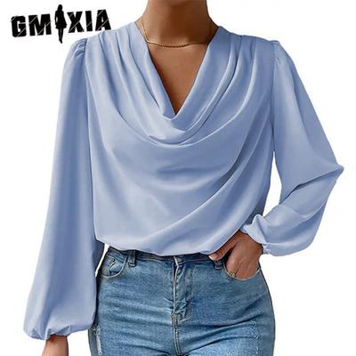 Kadın Modası Günlük Yaz Düz Renk Baskı Uzun Kollu V Yaka Bluzlar ve Gömlekler